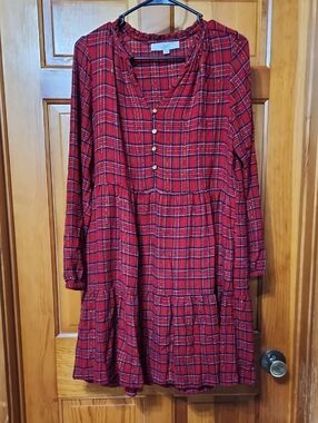 LOFT Red Plaid Tiered Button-Front Dress
